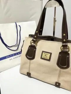 超美品【バーバリー】キャンバス　レザー　ハンドバッグ　ブルーレーベル