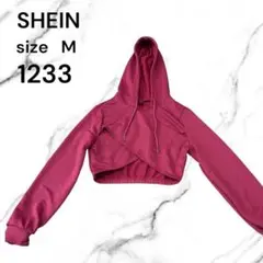 SHEIN パーカー Mサイズ ボルドー クロスデザイン ショート丈 古着フード