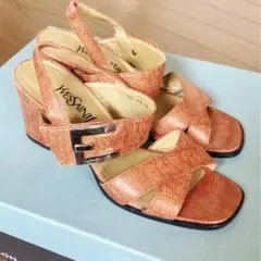 【本革】YSLイヴサンローランパイソンサンダル オレンジブラウン茶リーガル