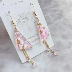 k16gp 天然石ローズクォーツ　シェルが可愛いピンク系ピアス　レジン