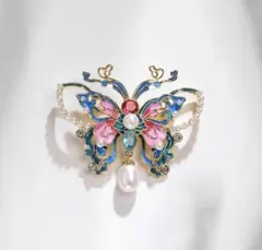 琺瑯蝶ブローチ 天然淡水真珠＆ジルコニア装飾