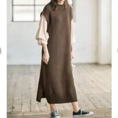 異素材　袖ブラウスドッキングニットワンピース 茶色　長袖　F ゆったりサイズ