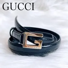 【美品】GUCCI ベルト シルバーバックル 細ベルト パテントレザー 黒