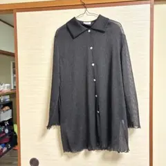 シアーブラウス 黒 プリーツ パールボタン ロング丈 透け感