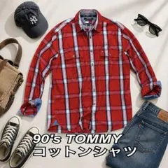 美品 USEDトミーヒルフィガー シャツ チェック ビッグサイズ ゆるダボ 赤