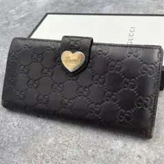 GUCCI グッチ　長財布　折り財布　ラブリーハート　エンボスロゴ　こげ茶