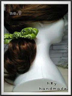 h*y　handmade　no.9　うさ耳リボンヘアゴムリボン　グリーンバンダナ