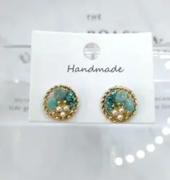 ハンドメイドNo.10パール付グリーンストーンのラウンドピアス