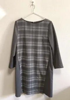 グレー チェック柄 七分袖 ワンピース
