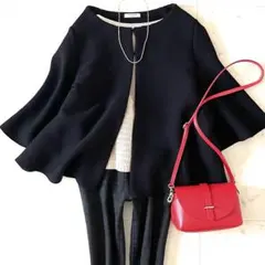 美品♪アドーア ウール混リブニットカーディガン 38 黒 フレアスリーブ 7分袖