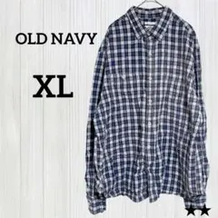 ★訳あり OLD NAVY【XL】スリムフィット チェックシャツ ネイビー 長袖