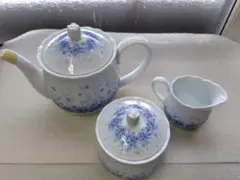 ＨＯＹＡ　ティーポット　セット　陶器製　昭和レトロ　青い花柄　白