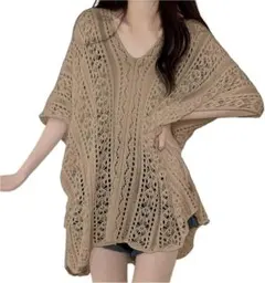 サマーニット メッシュ vネック 可愛い プルオーバー ブラウン