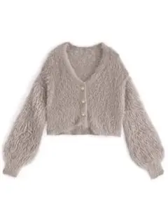 グレー ボタン付き Vネック カーディガン シャギーニット
