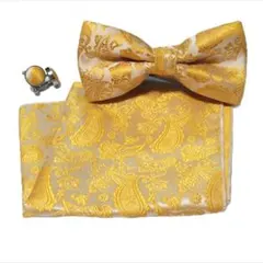 蝶ネクタイ チーフ カフス セット イエロー 黄色 ペイズリー 結婚式 披露宴