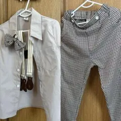 【キッズフォーマルスーツ】子供服　子供スーツチェック　ベージュ　サロペット　上下
