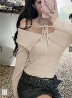 GRL ビッグカラーオフショルダーリボンニットトップス アイボリー th029