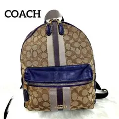 COACH リュック シグネチャー ストライプ レザー パープル パープル 