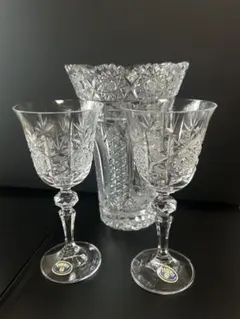 Bohemia ボヘミア　クリスタルグラス2個と花瓶のセット