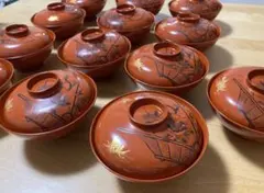 山中漆器 洗朱刷毛目 波千鳥蒔絵 煮物椀 5客 理平造 雑煮椀 大椀 伝統