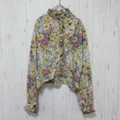 Y343 一点物　花柄レトロブラウス　長袖　　ショート丈　クロップド　古着