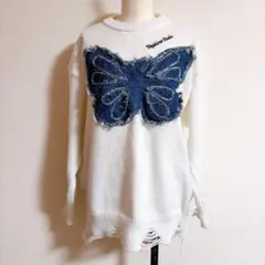 デニム蝶デザイン ホワイトニットセーター freeサイズ