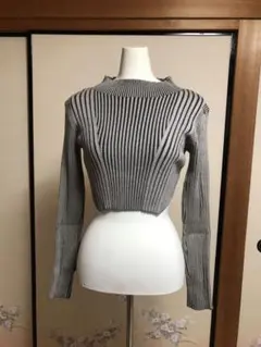 ストライプ ニット クロップドセーター グレー