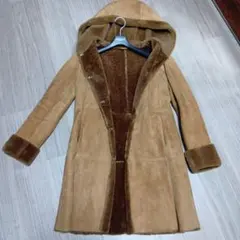 リアルムートンコート　フード付きブラウンスエード