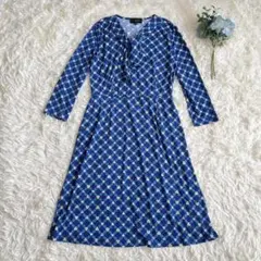 TALBOTS ボウタイ小花柄ワンピース　ブルー　ストレッチ　Sサイズ
