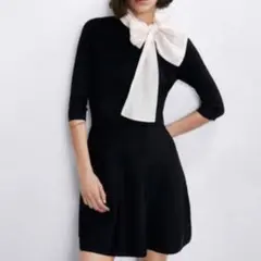 Zara リボン付き黒七分袖Aラインワンピース