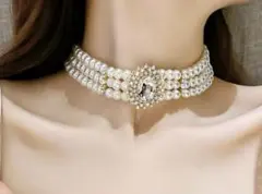 パール　多層式　ビジューモチーフ　チェーンつき　ネックレス 　結婚式