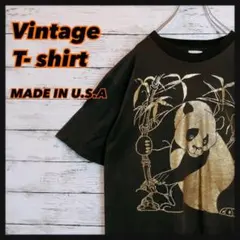 USA製【アニマル金プリント】9'sヴィンテージ絵画グラフィックパンダ笹tシャツ
