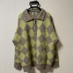 ダイヤモンド柄 長袖ニット グリーン/ブラウン