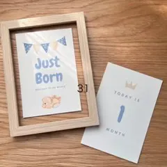 31.マンスリーカード 月齢カード L判、正方形に変更可 くま ブルー ゆるふわ