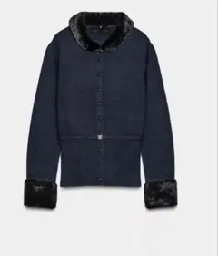 ファー付きネイビー ニットカーディガン zara