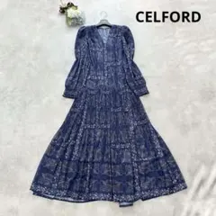 高級感✨セルフォード ワンピース 総柄 ネイビー 36 フォーマル 長袖 春服