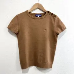 美品 BURBERRY BLUE LABEL ロゴ刺繍 半袖ニット M キャメル