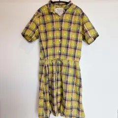 B.L.U.E. チェック柄 ドット刺繡 半袖ワンピース M 綿100% 黄色系