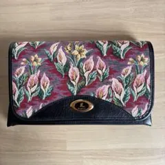 LIP MYRTRE がま口 クラッチバッグ 花柄 ゴブラン レザー調 ブラック