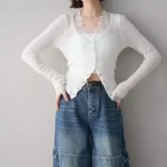 モヘアタッチ レースニット カーディガン ホワイト　lumier同型