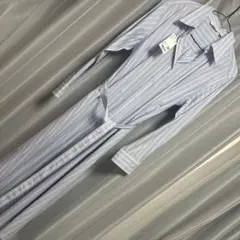 青と白のストライプ 長袖シャツワンピース Lサイズ