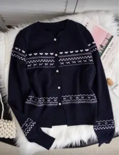 ネイビー ハート模様 長袖ニットカーディガン Lサイズ
