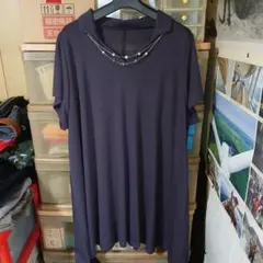★大きいサイズ★紫ネックレス付きチュニックカットソー(LL)美品