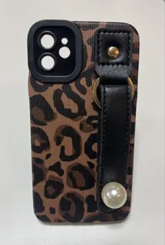 ヒョウ柄 iPhone11 ケース パール付きストラップ