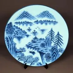 有田焼　華山窯 染付山水風景画 飾り皿 ／大皿／盛り皿のサムネイル