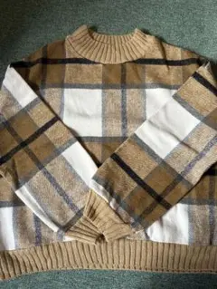 ベージュ系チェック ニットセーター 長袖