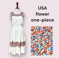 vintageヴィンテージワンピース花柄ホワイトウエストゴムレトロUSA海外古着