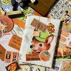 海外 オレンジの紙ものセット♡ヴィンテージ×レトロ可愛いコラージュ素材