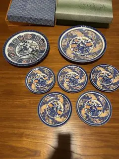 【7皿セット‼️】絵皿 昭和レトロ 青と白の和風皿セット 大皿小皿 中国 平皿