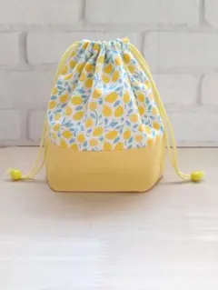 【ハンドメイド】ループエンド付巾着レモン柄×イエロー　入園入学 コップ巾着